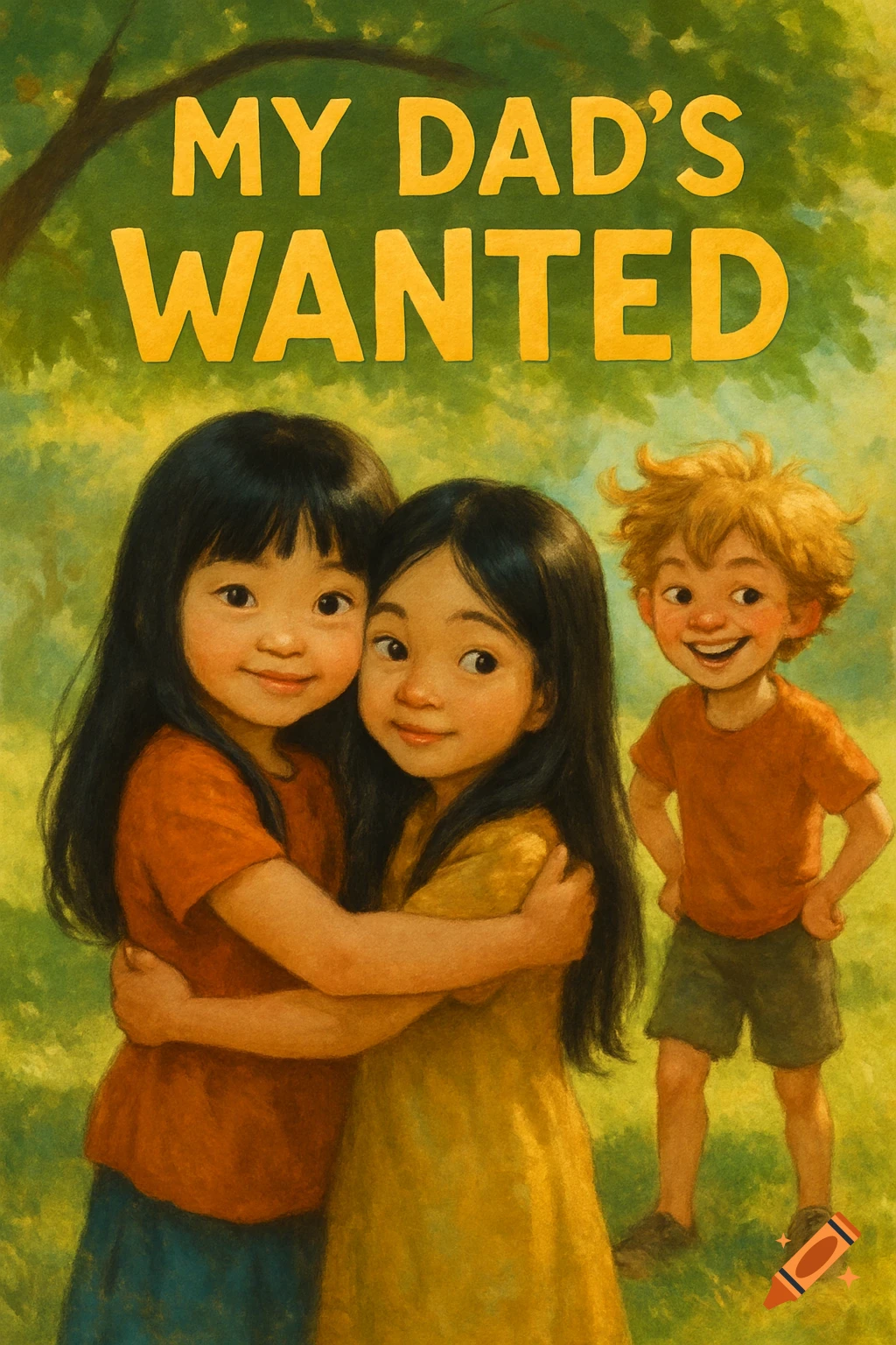 Illustrated book cover with two girls hugging and a boy smiling in a grassy field. Text 'MY DAD'S WANTED'.