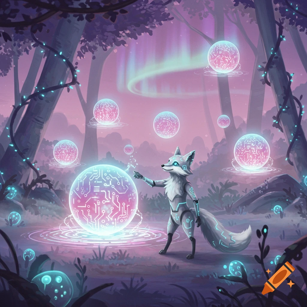 A robotic fox with glowing eyes stands in a magical forest, interacting with large, glowing circuit-patterned orbs under a purple aurora.