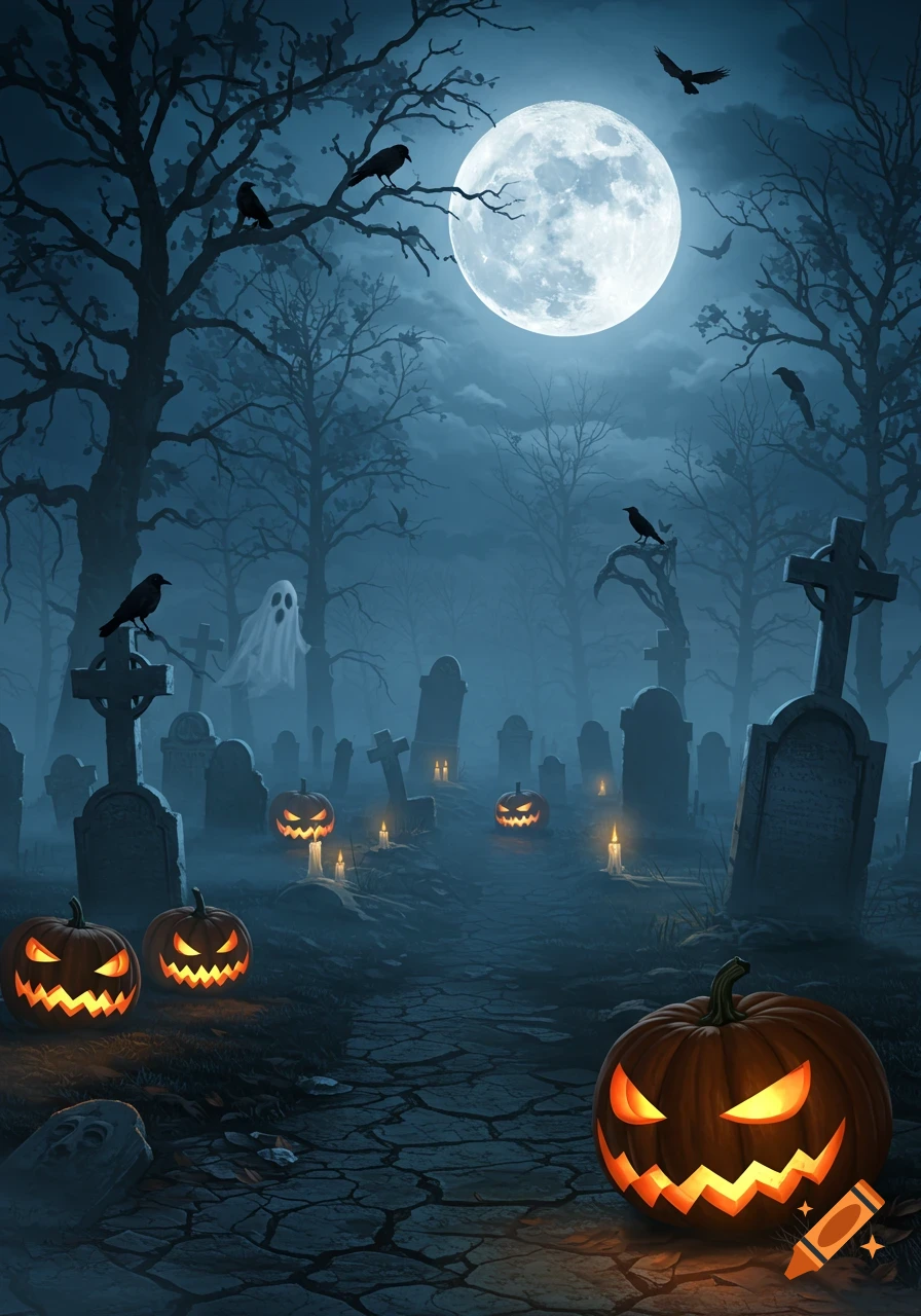 A spooky Halloween graveyard under a full moon, with glowing jack-o'-lanterns, gravestones, bare trees, and a ghostly figure.