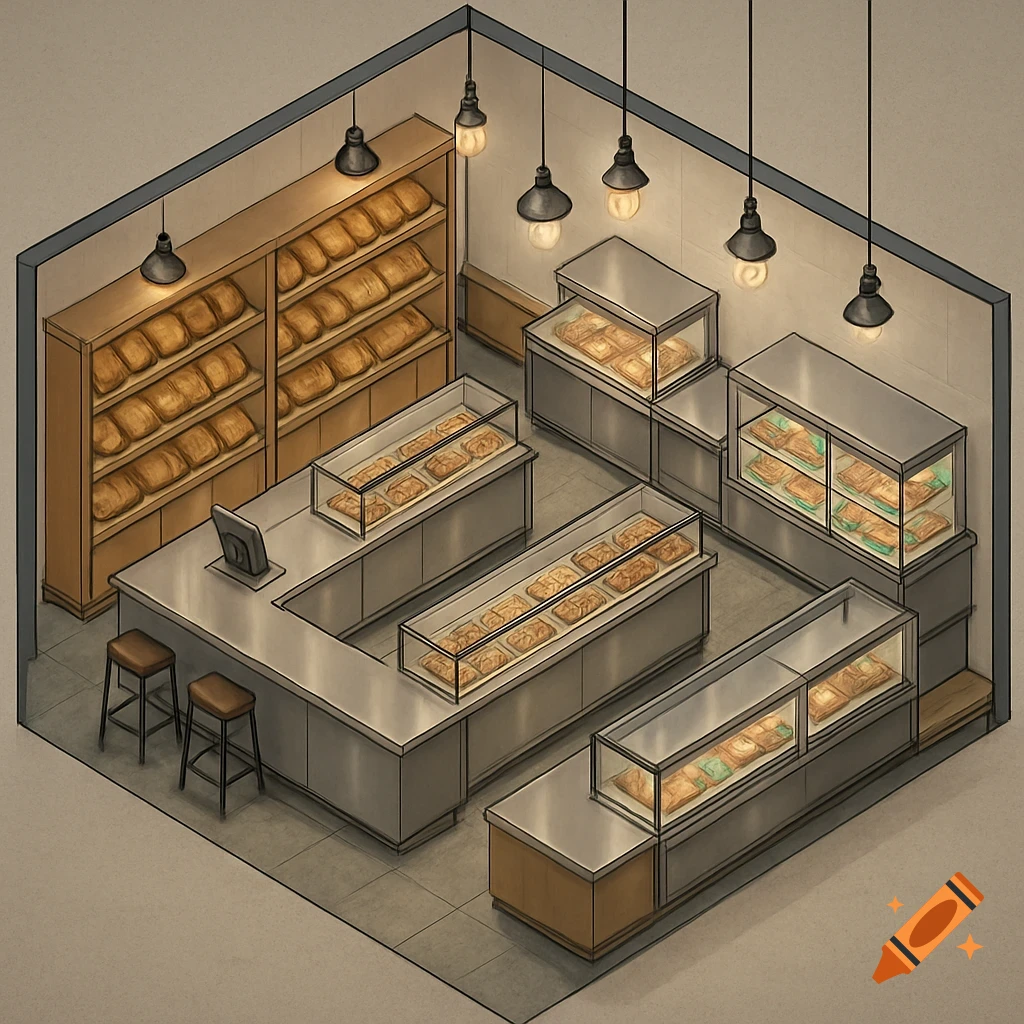 An isometric illustration of a bakery interior with shelves of bread, display cases of pastries, and a counter with stools.