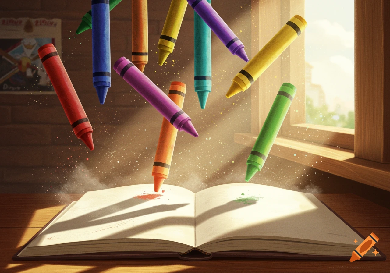 Colorful crayons fall onto an open book on a sunlit wooden desk, creating splashes of color.