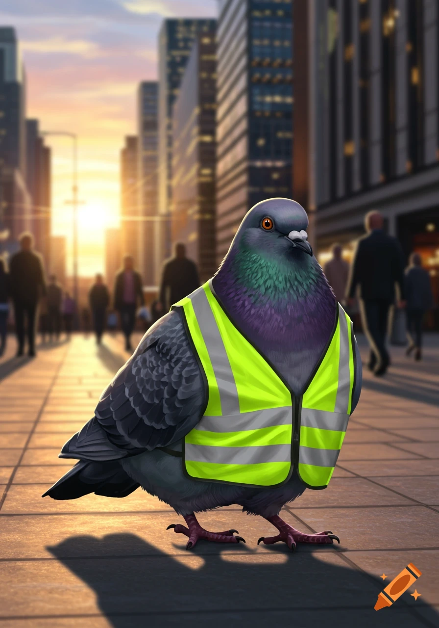 A pigeon wearing a yellow high-visibility vest stands on a city sidewalk at sunset, with blurred buildings and people in the background.