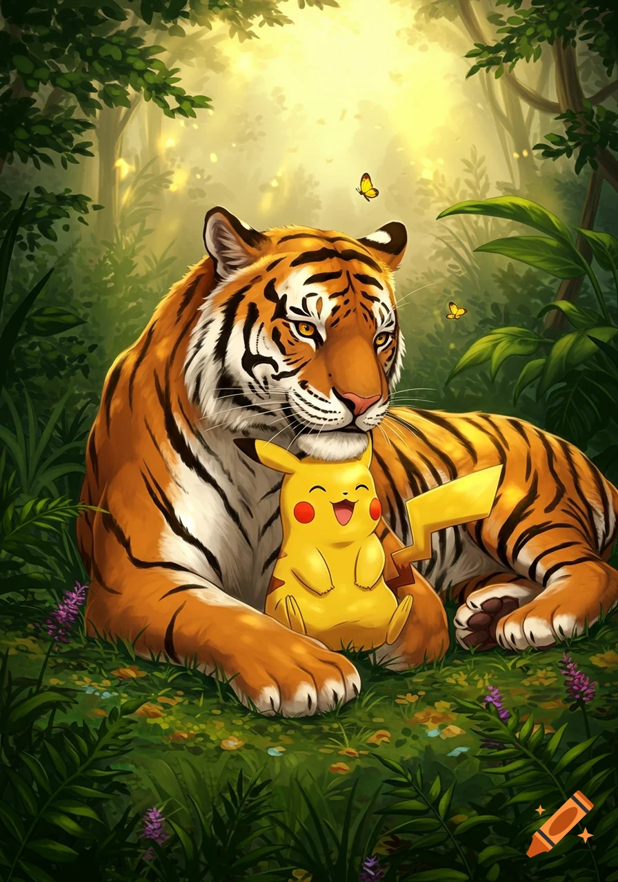 A majestic tiger lies in a sun-dappled forest, gently hugging a smiling Pikachu. Two small butterflies flutter nearby.