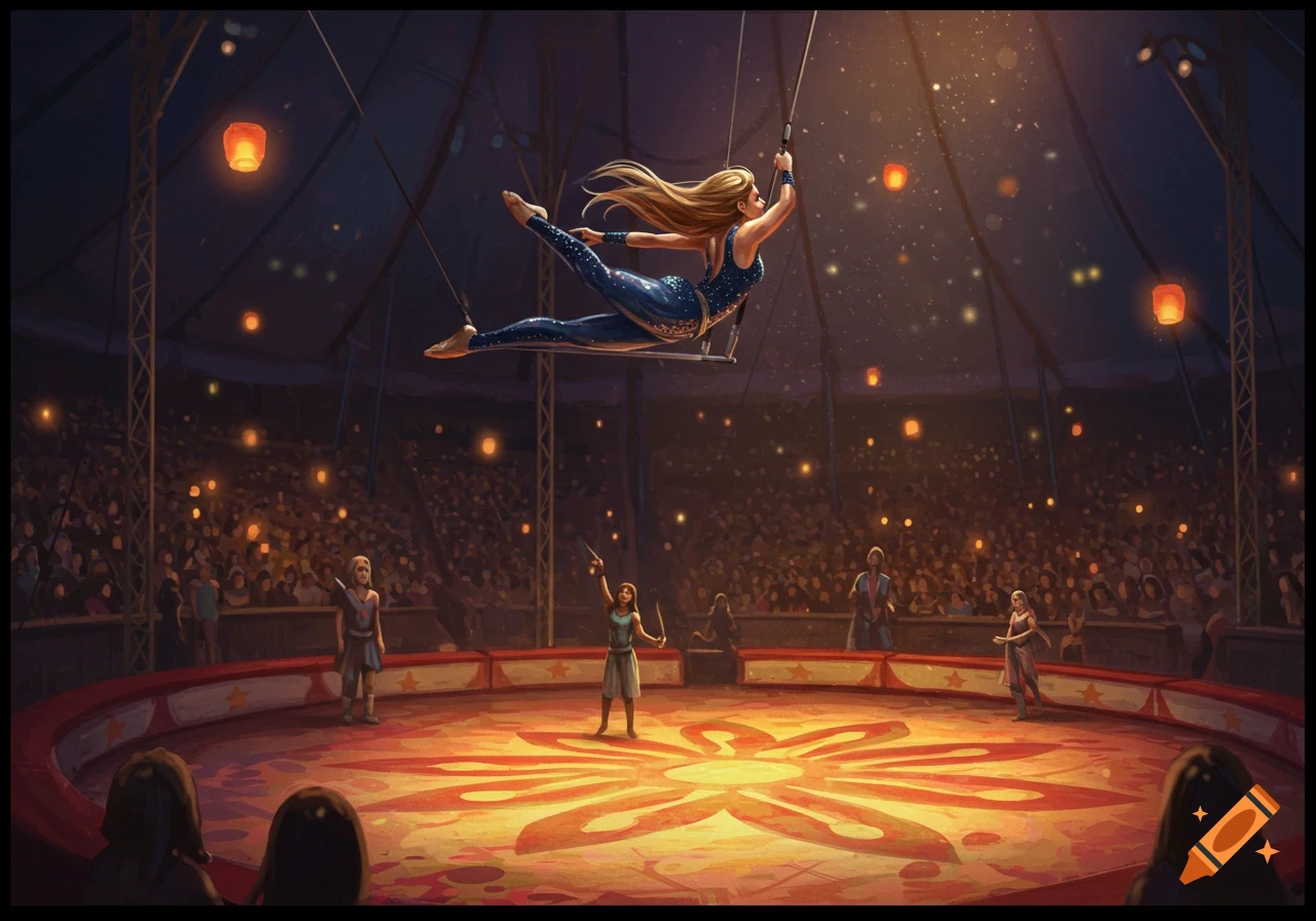 An illustration of a trapeze artist performing aerial acrobatics in a dimly lit circus tent filled with spectators.