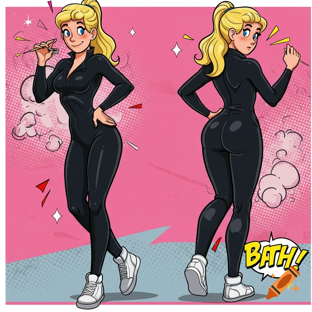 Cartoon Betty from Archie Comics in a black jumpsuit and white sneakers, shown from the front and back, in a comic book style.