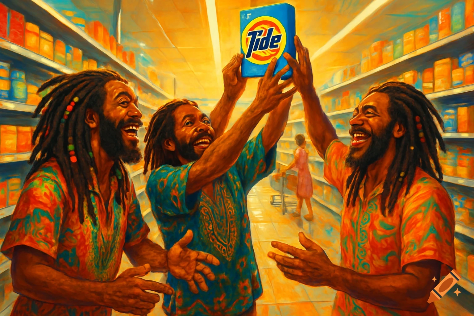 Three men with dreadlocks celebrate in a vibrant, painterly supermarket, holding up a box of Tide detergent.