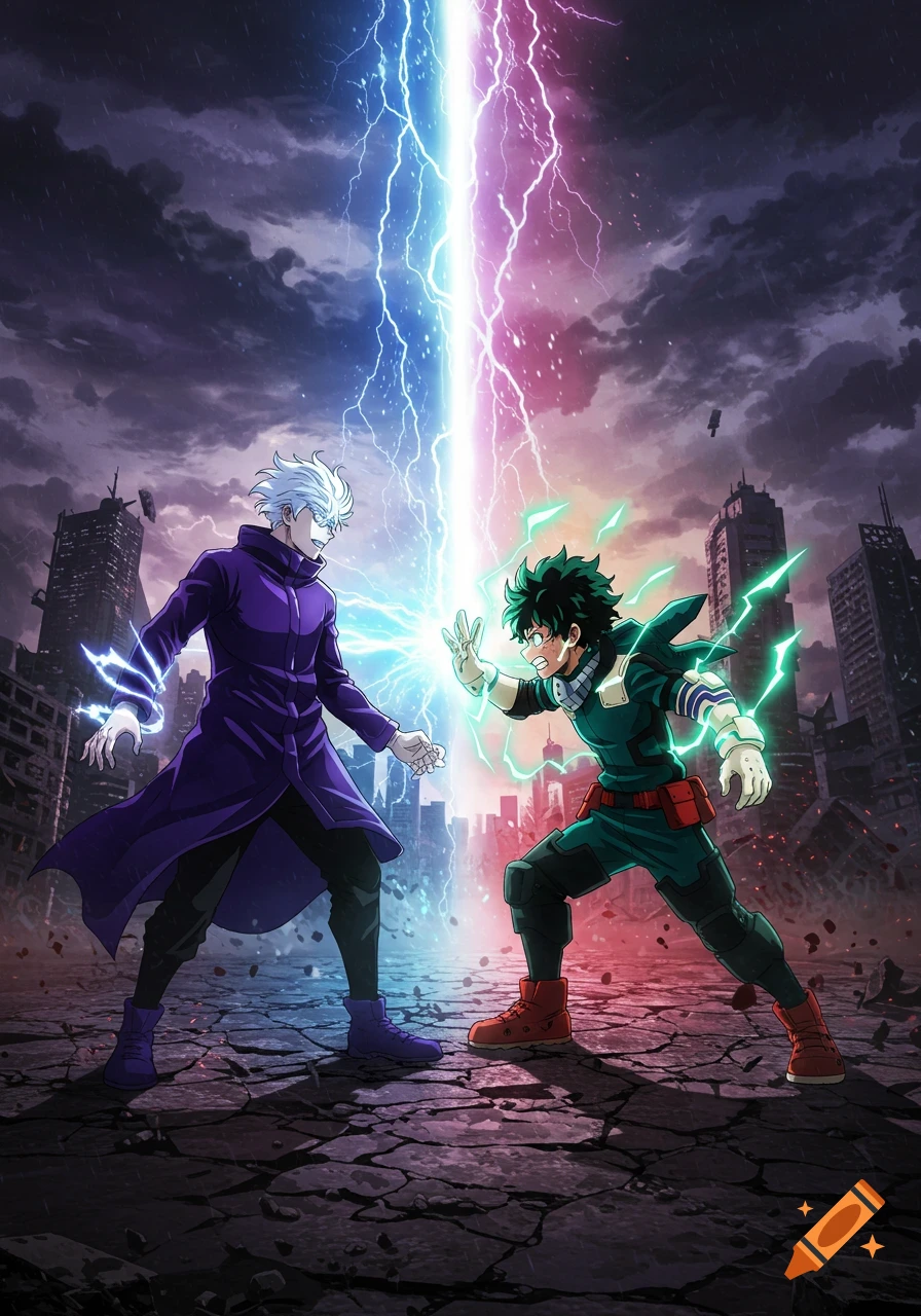 Anime-style illustration of two male characters, Gojo and Deku, in an epic magical battle against a destroyed city backdrop with a vibrant lightning strike between them.