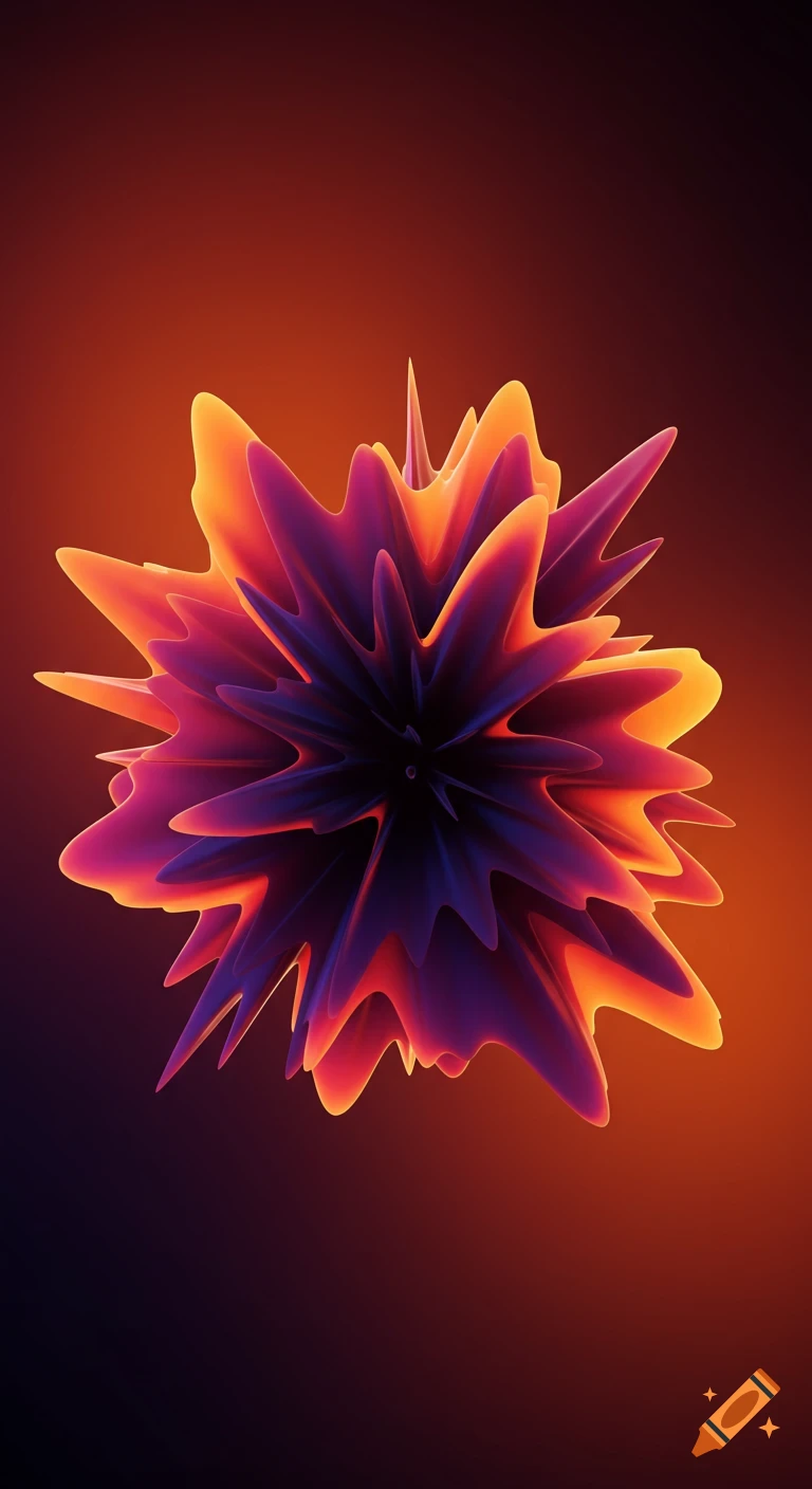 Abstract spiky multi-layered shape with glowing orange, pink, and purple hues against a dark, warm gradient background.