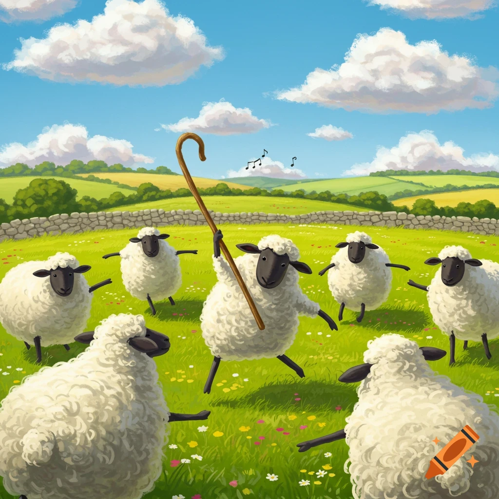 Whimsical illustration of several sheep dancing in a sunny green field, one holding a shepherd's crook, with musical notes floating above.