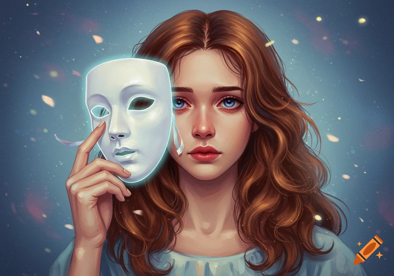 A digital painting of a sorrowful young woman holding a glowing white mask to her face.