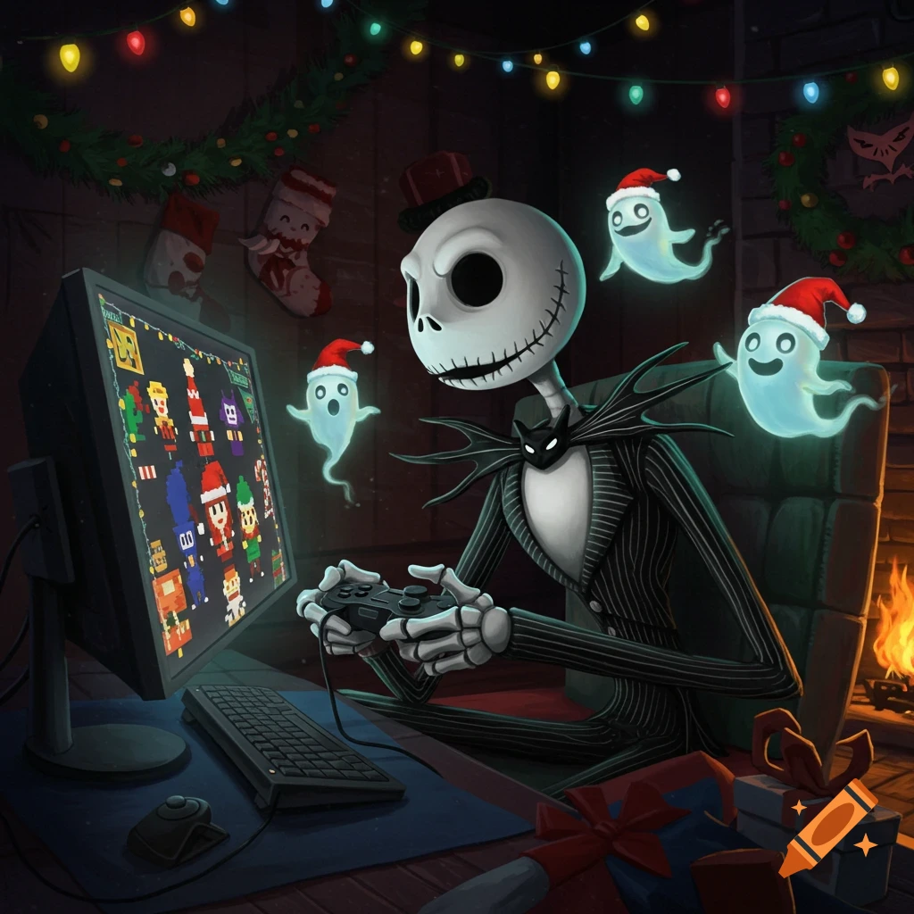 Jack Skellington plays a pixel art video game on a monitor in a festive Christmas room with floating ghost companions.