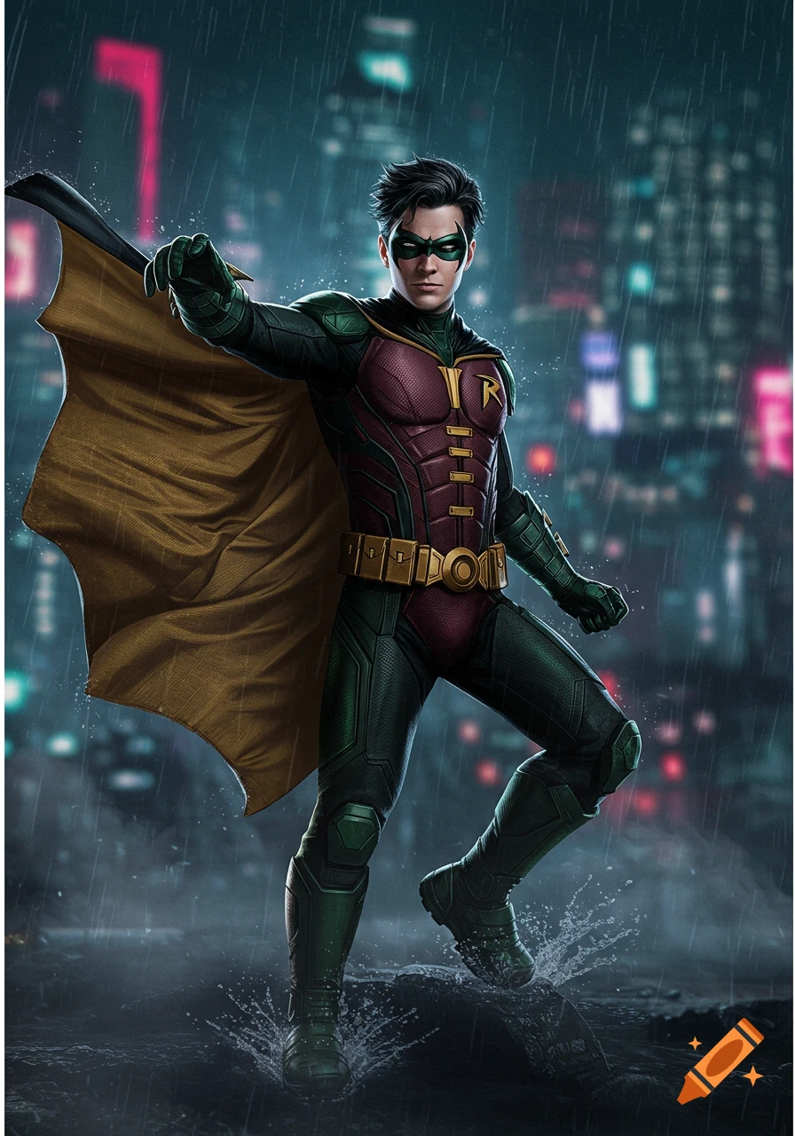 Robin in his green and red superhero suit with a yellow cape in a rainy, neon-lit city at night, splashing water.