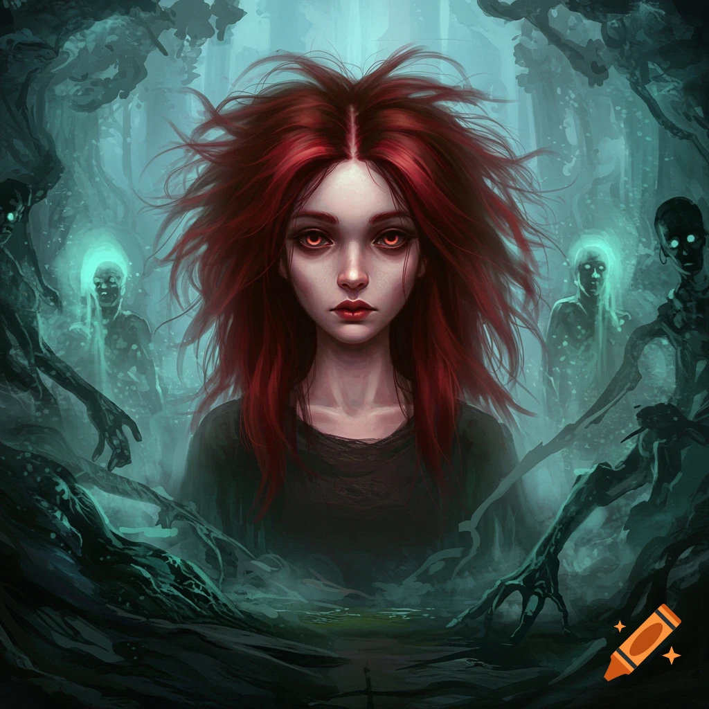 Eerie illustration of a pale girl with fiery red hair and glowing red eyes, surrounded by ghostly figures in a dark, misty forest.