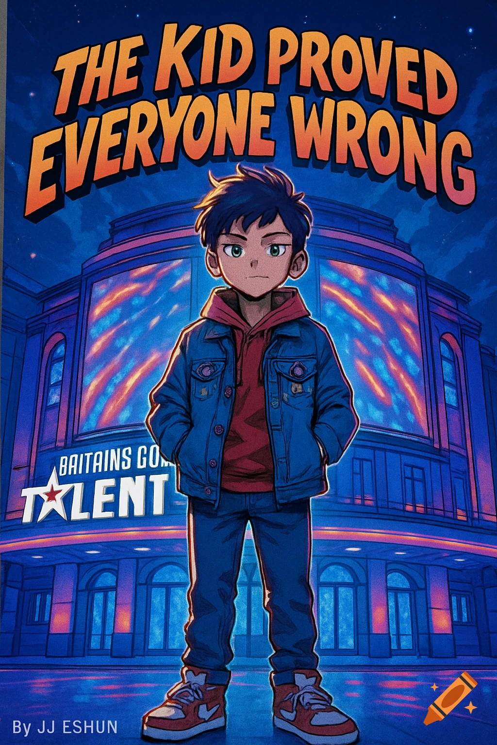 Anime style illustration of a boy in a denim jacket and red hoodie standing in front of a grand building at night. Text reads "The Kid Proved Everyone Wrong".