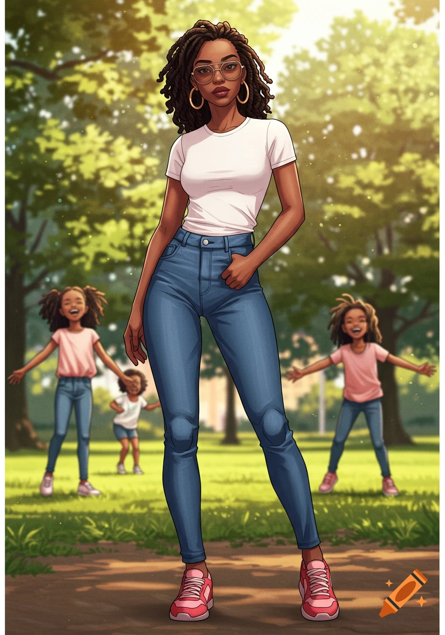 An anime-style Black woman with dreadlocks stands in a park, while three children play in the background.