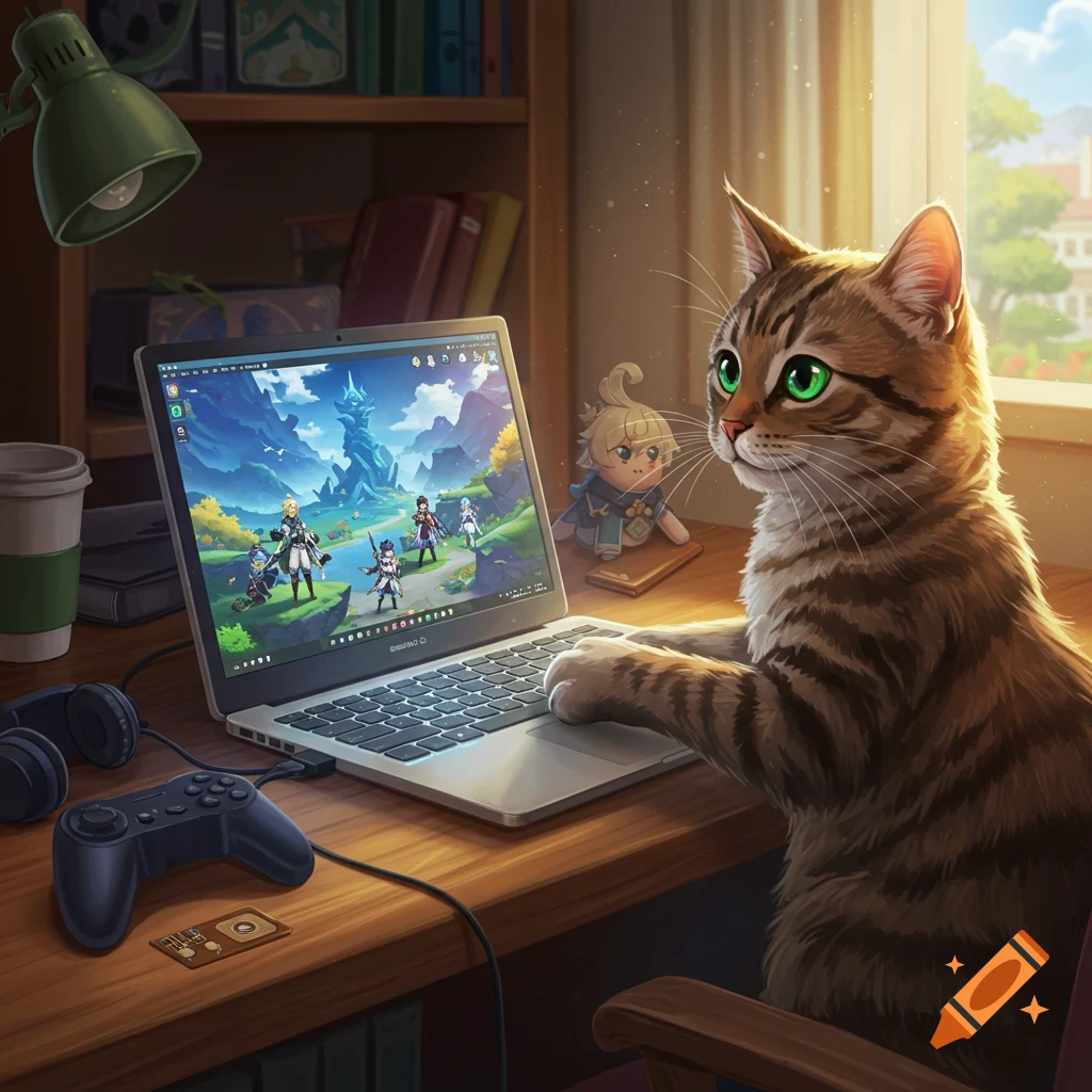 A striped cat with bright green eyes sits at a desk, looking intently at a laptop screen displaying a fantasy video game, with its paws on the keyboard. A game controller, headphones, and a Paimon doll are also on the desk.