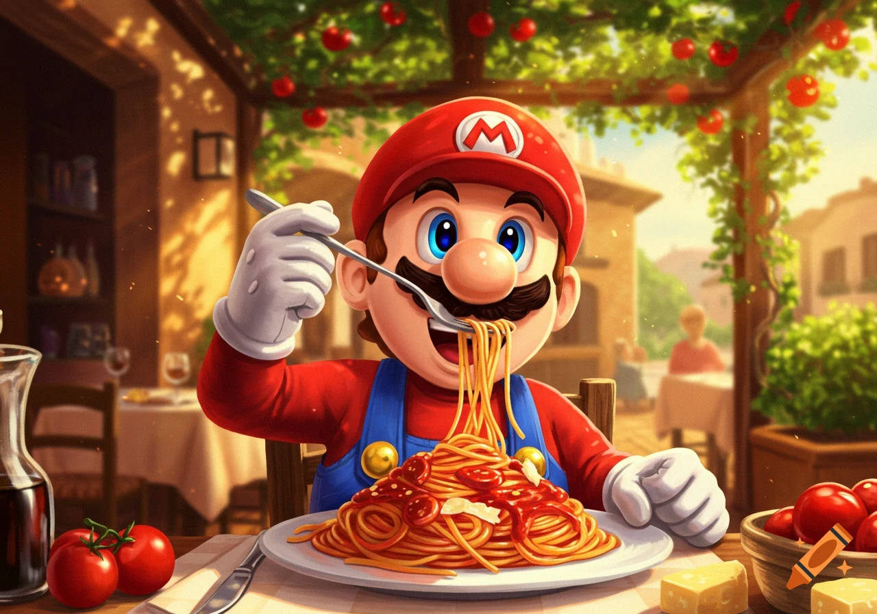 Cartoon Mario happily eating spaghetti with a fork at an outdoor Italian restaurant.