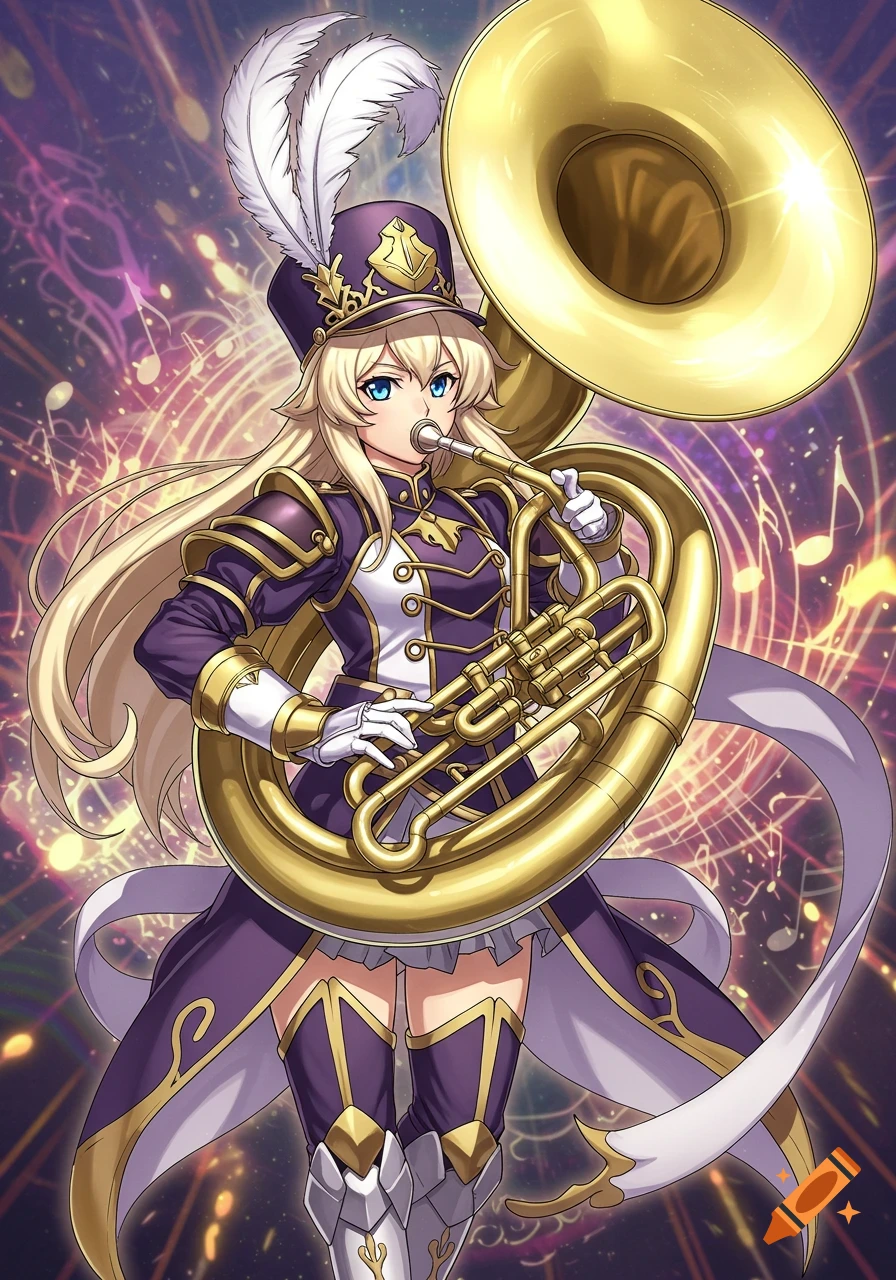 Anime girl in a purple, white, and gold band uniform with a plumed shako cap playing a tuba, anime art-style.