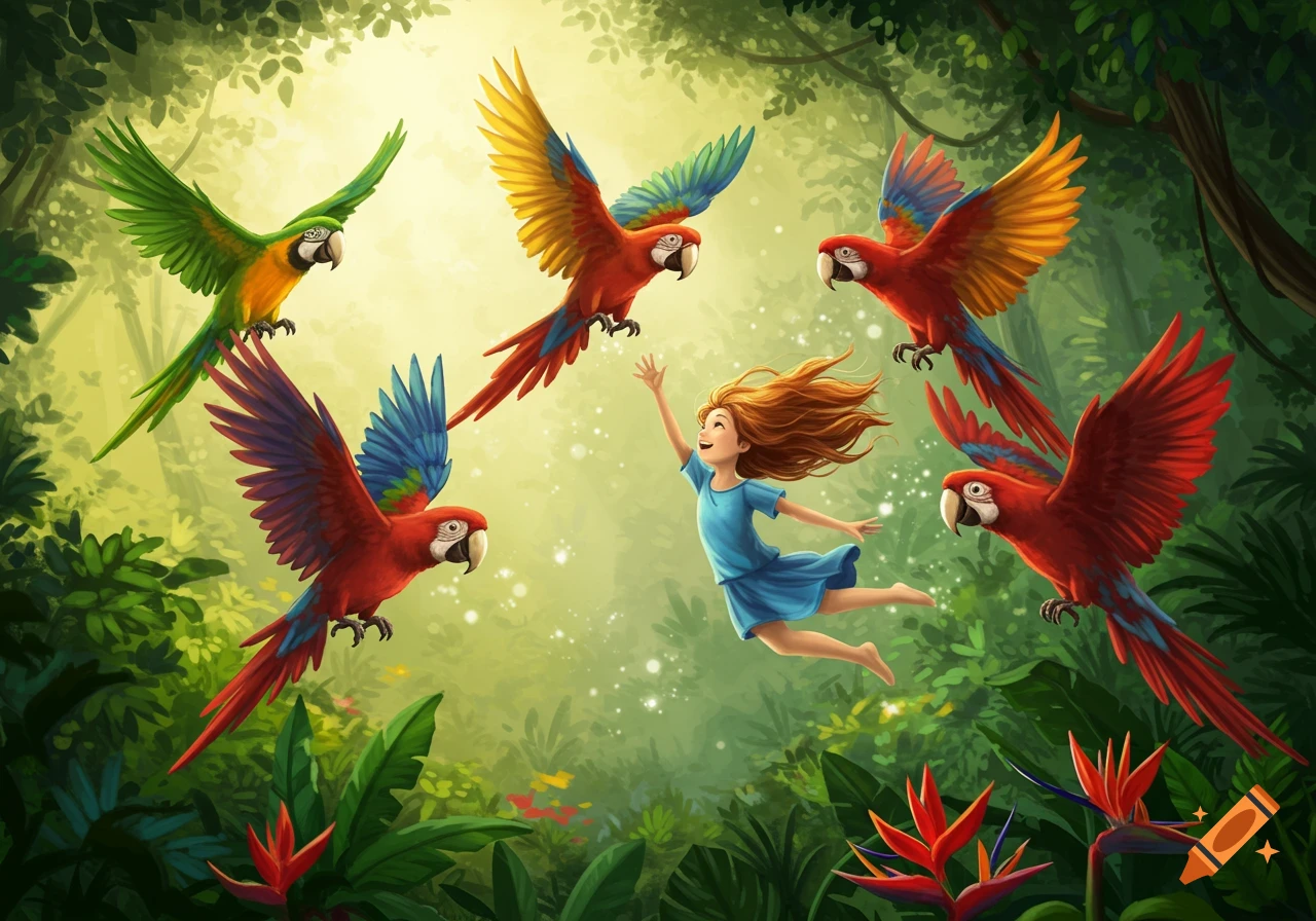 A vibrant illustration of a smiling girl floating in a lush jungle, reaching out to several colorful parrots.