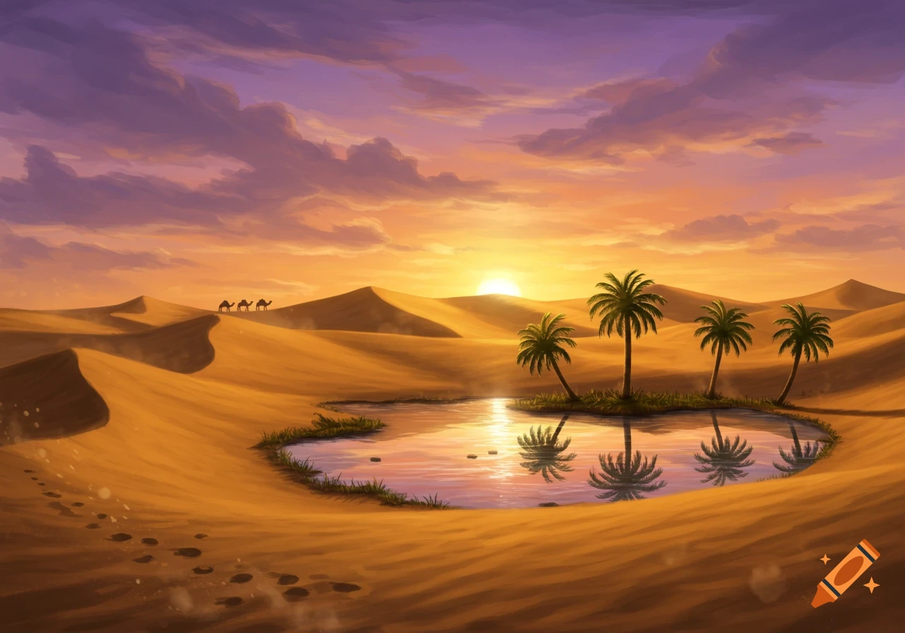Vibrant desert oasis at sunset with palm trees, a reflecting pool, and a camel caravan in the distance. Illustration.