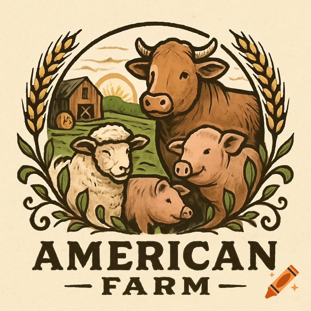 Rustic logo for American Farm featuring a cow, sheep, pigs, barn, sunset, and wheat stalks.