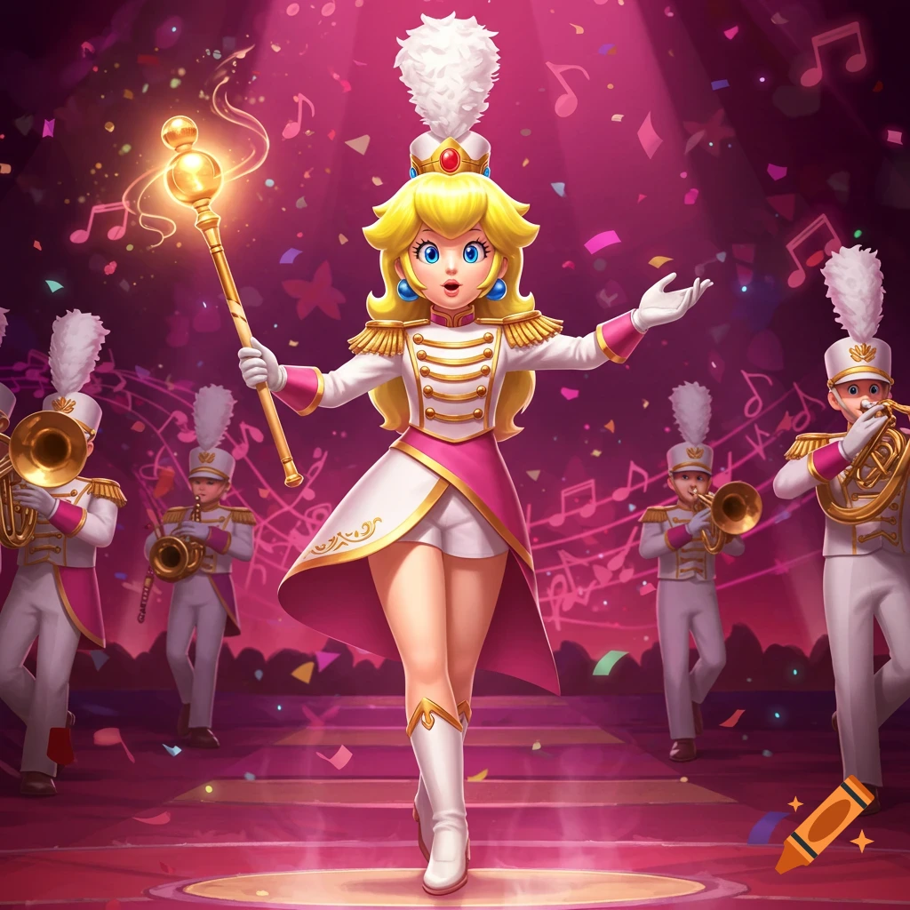Princess Peach as a bandleader in a white and magenta uniform, holding a glowing baton on a confetti-filled stage.