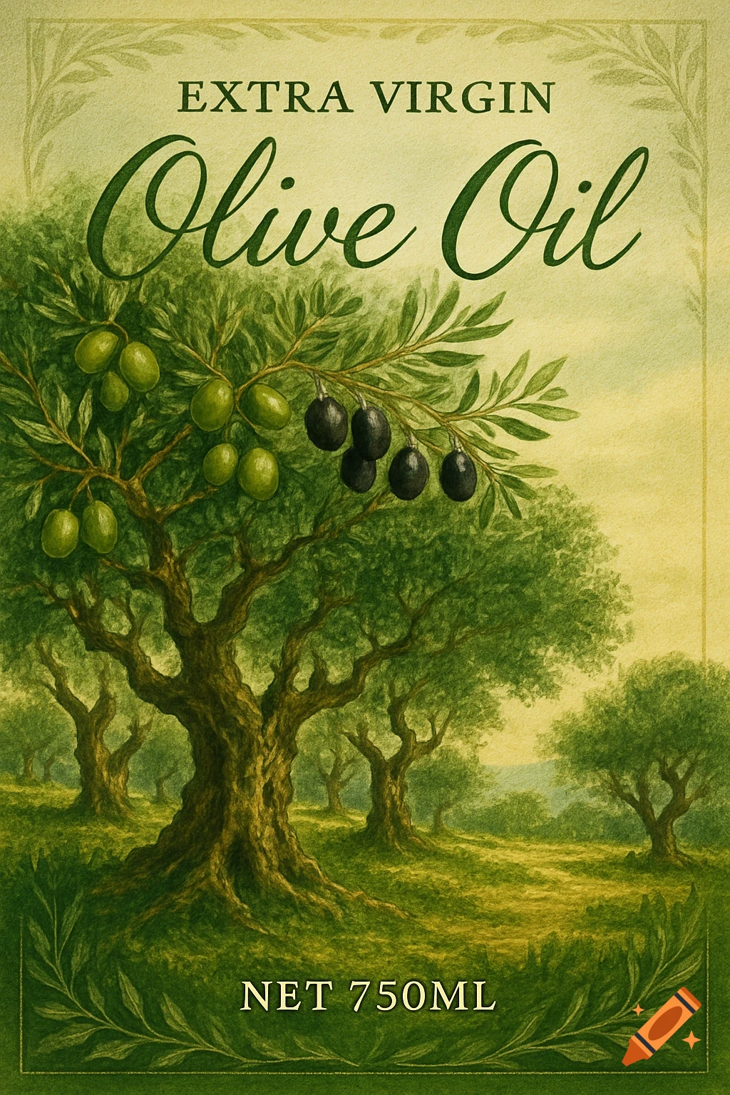 An illustrated olive oil label features a landscape with olive trees bearing green and black olives, with "EXTRA VIRGIN Olive Oil" text.