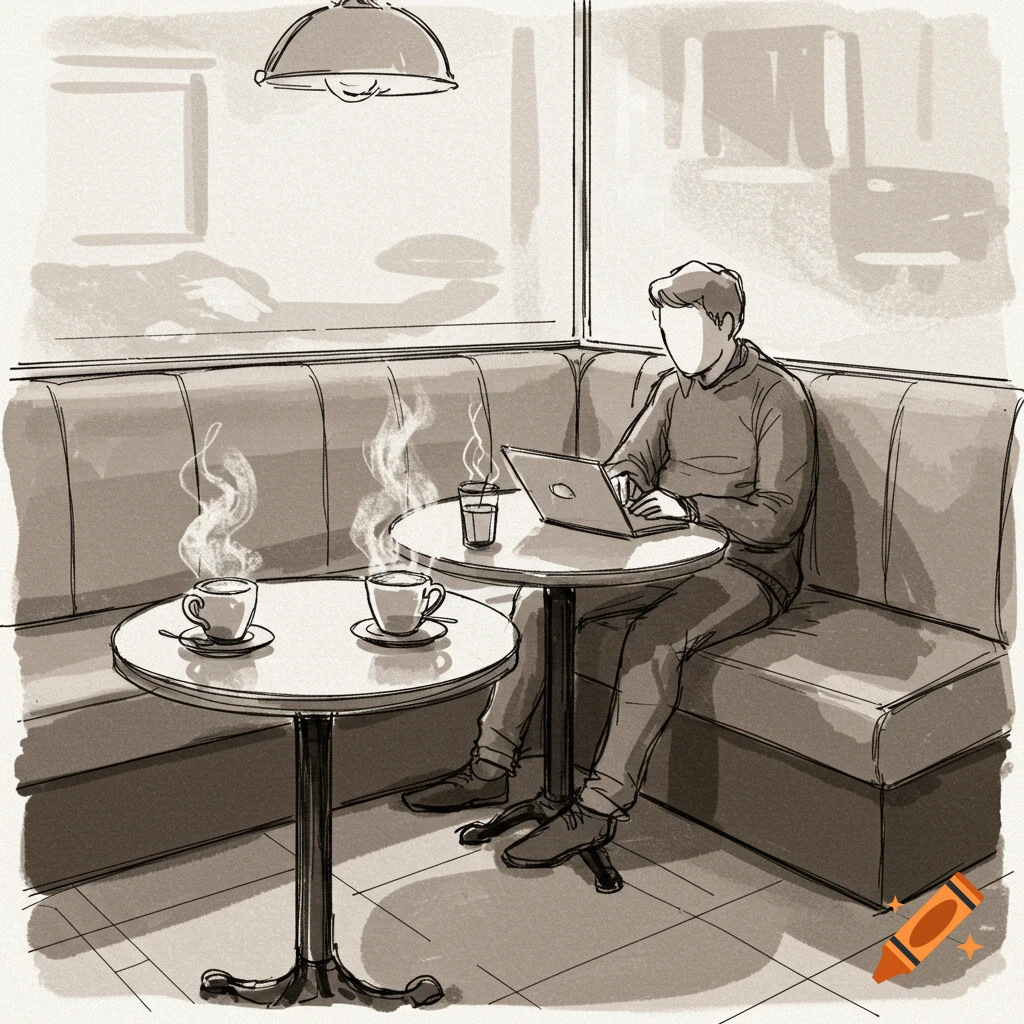 A sepia-toned sketch of a person working on a laptop in a cafe booth, with two steaming coffee cups on a table nearby.