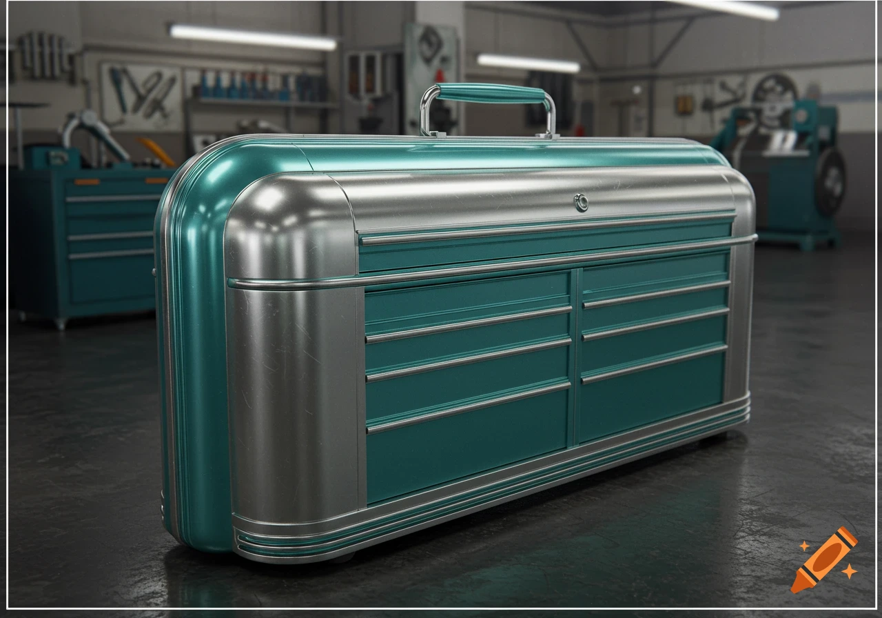 A teal and silver streamline moderne toolbox with multiple drawers sits on a workshop floor.