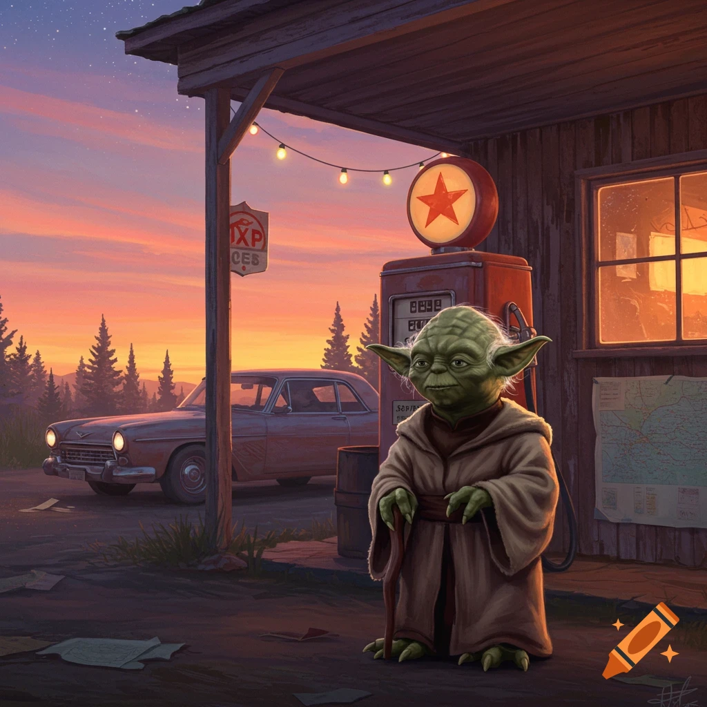Yoda stands at a rustic gas station under a vibrant sunset, next to an old car, in a digital painting.
