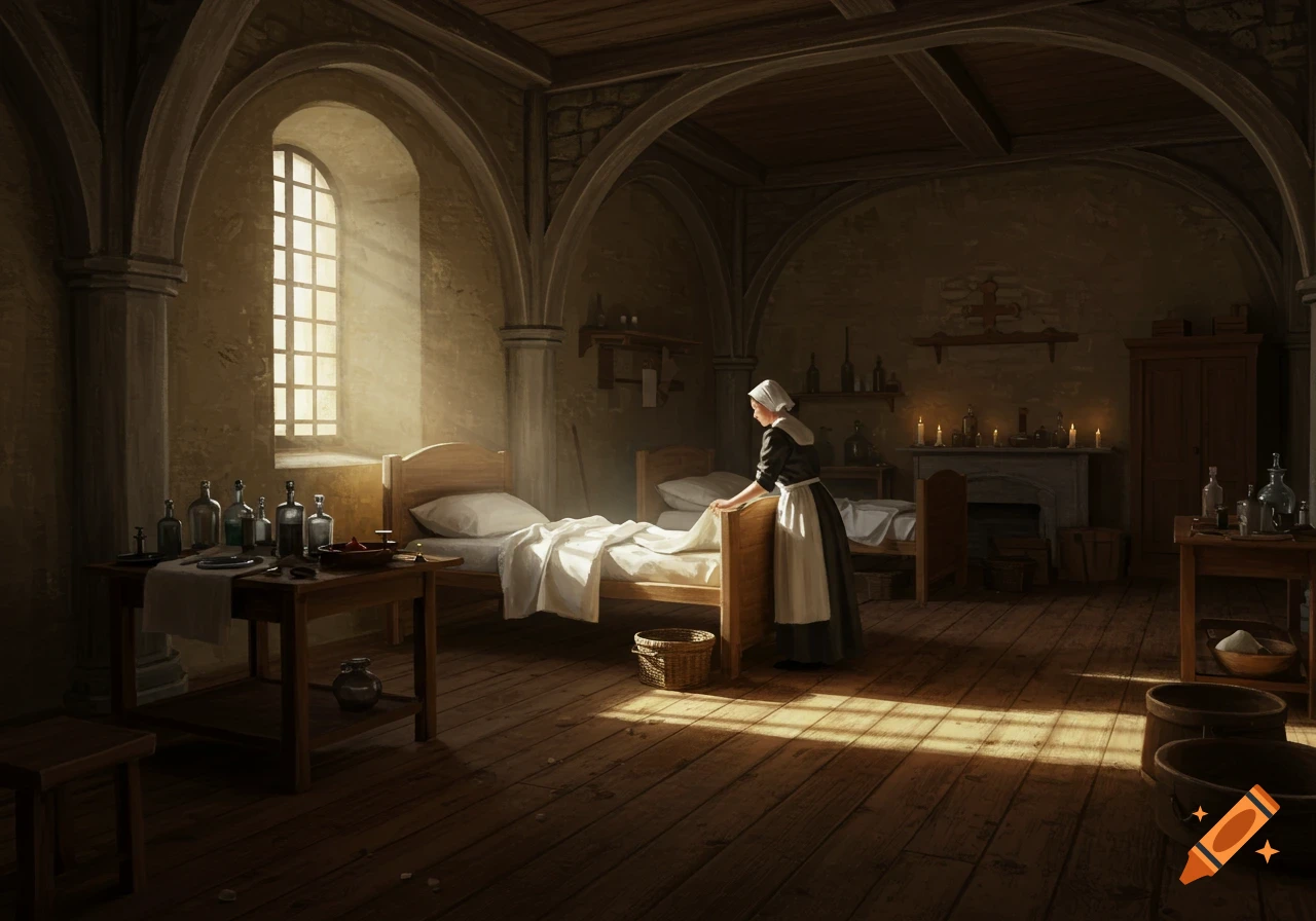 A nurse in a 17th-century uniform makes a bed in a hospital room, sunlight streaming through an arched window.