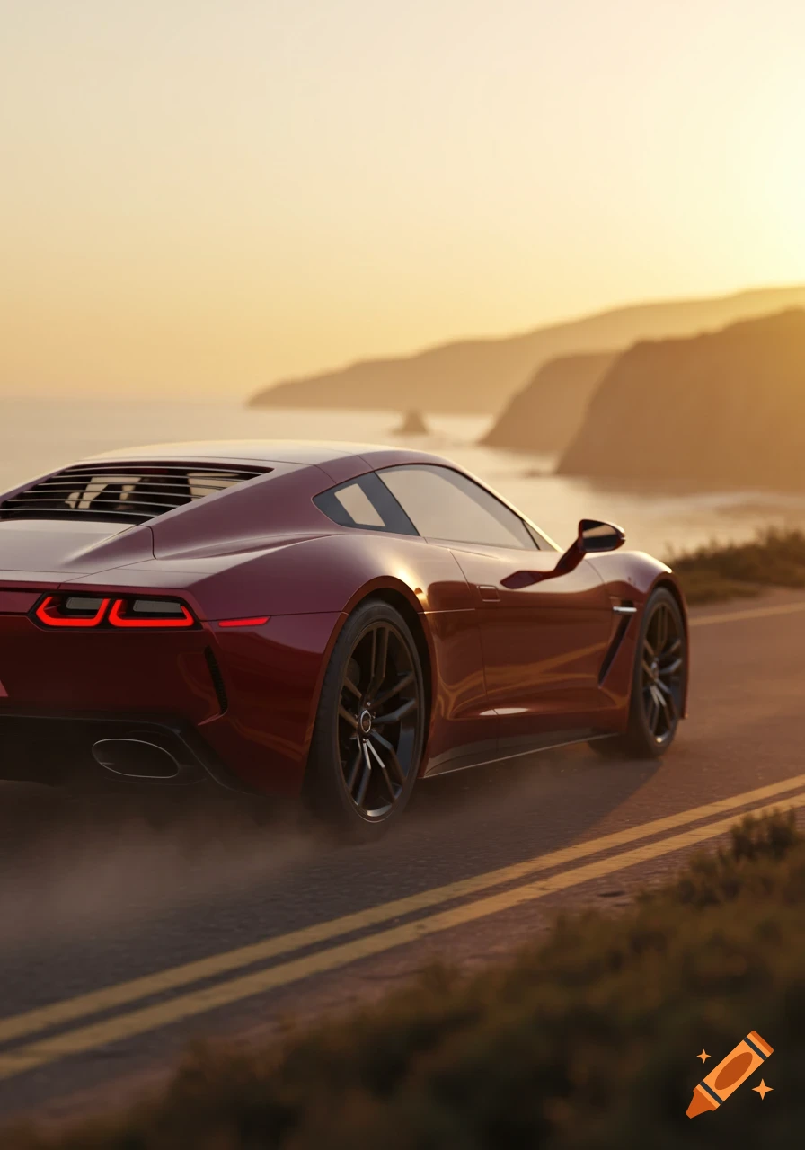A sleek red sports car drives on a winding coastal road at sunset, with mountains and the ocean in the background, photorealistic.