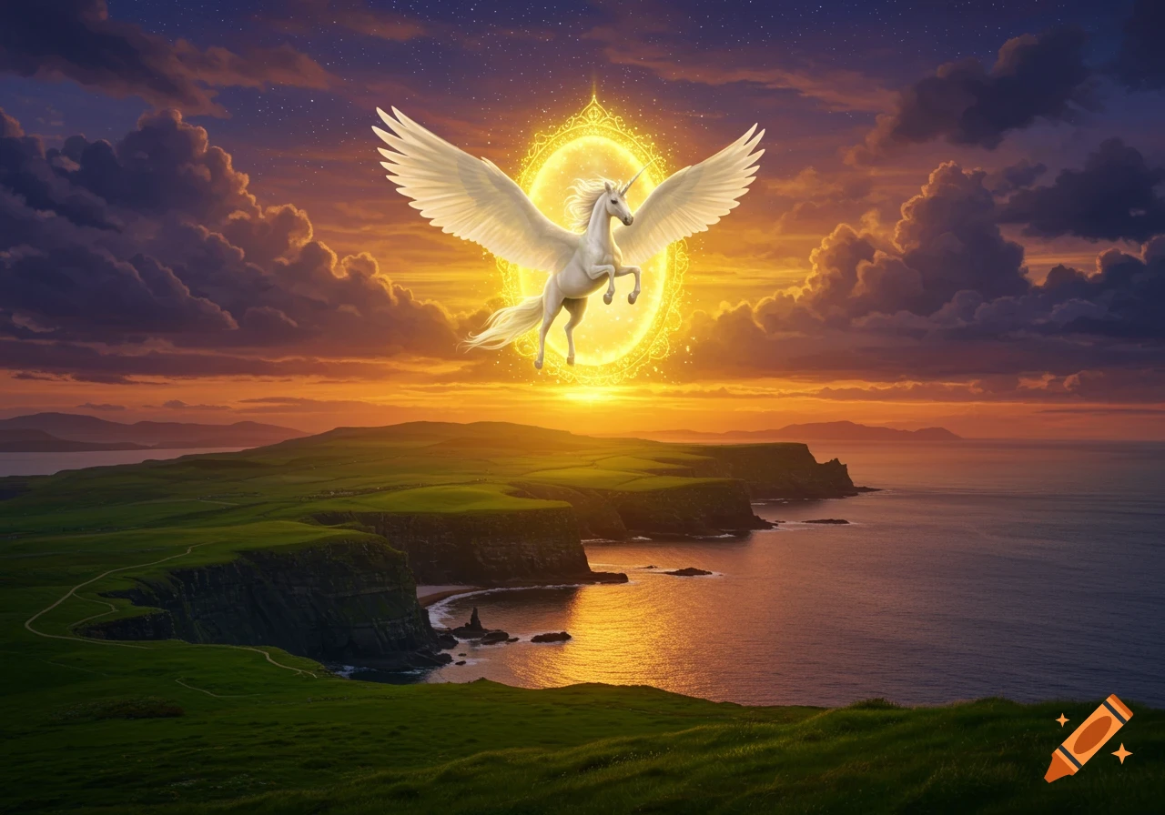 A winged unicorn in a glowing golden portal hovers over a vibrant coastal landscape at sunset with cliffs and ocean.