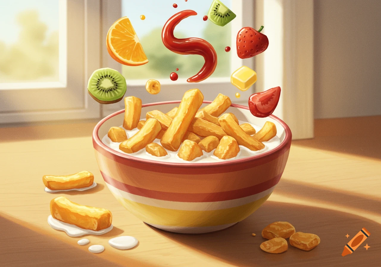 A stylized illustration of French fries in a bowl of milk, resembling cereal, with floating fruit and a red sauce.