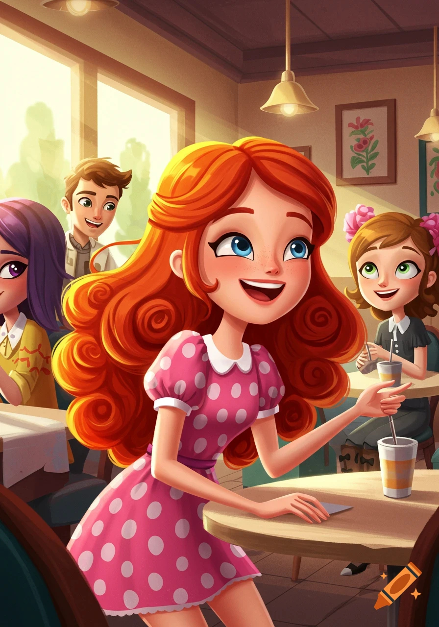 A cheerful cartoon red-haired girl smiling and holding a drink at a cafe table with friends in the background.