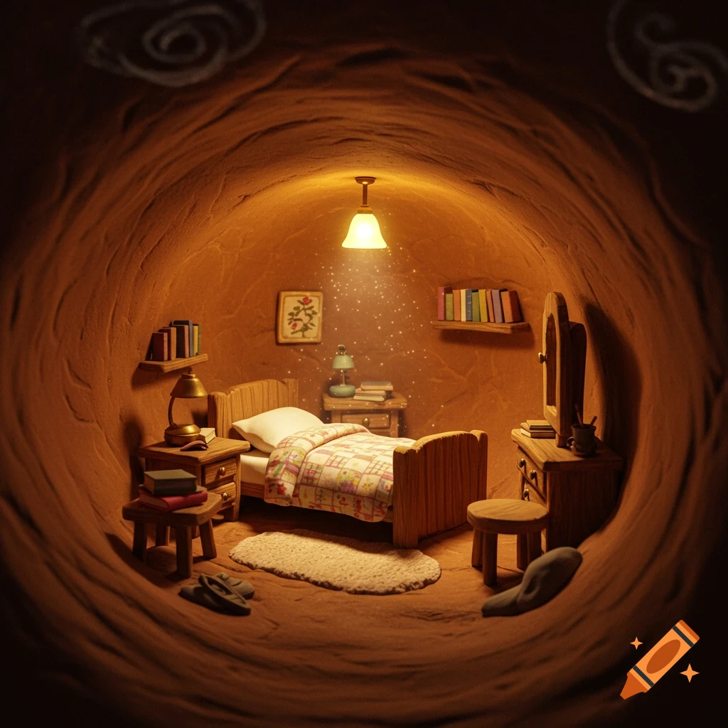 A cozy, warm golden-lit burrow bedroom with tiny furniture, a bed, bookshelves, and sparkling dust, in an animated fairy tale style.