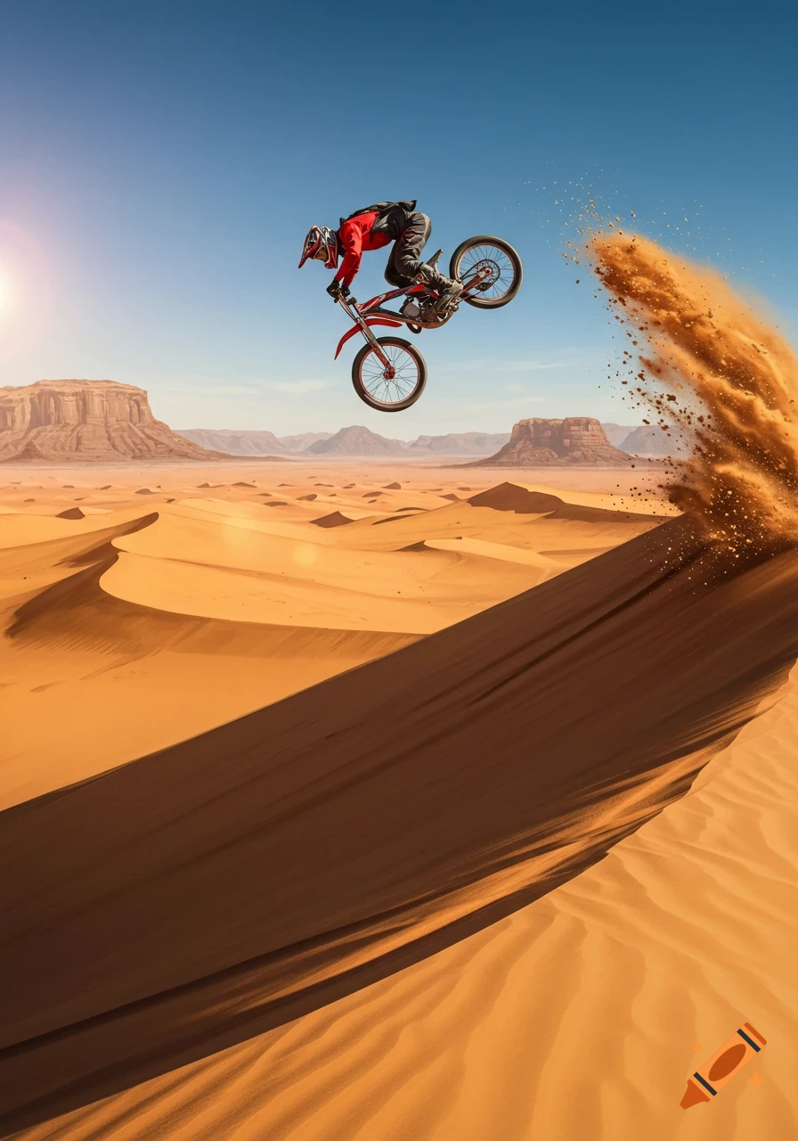 A person on a dirt bike performs a mid-air stunt over desert sand dunes, kicking up a large spray of sand.