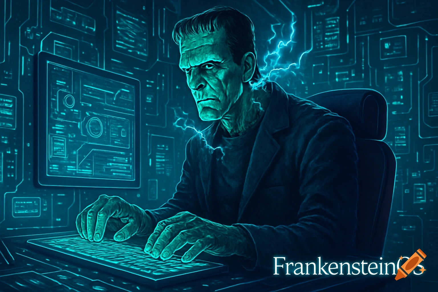 Frankenstein's monster with green glowing skin and lightning around his head, typing on a keyboard in a futuristic, circuit-board themed room. "FrankensteinOS" text.