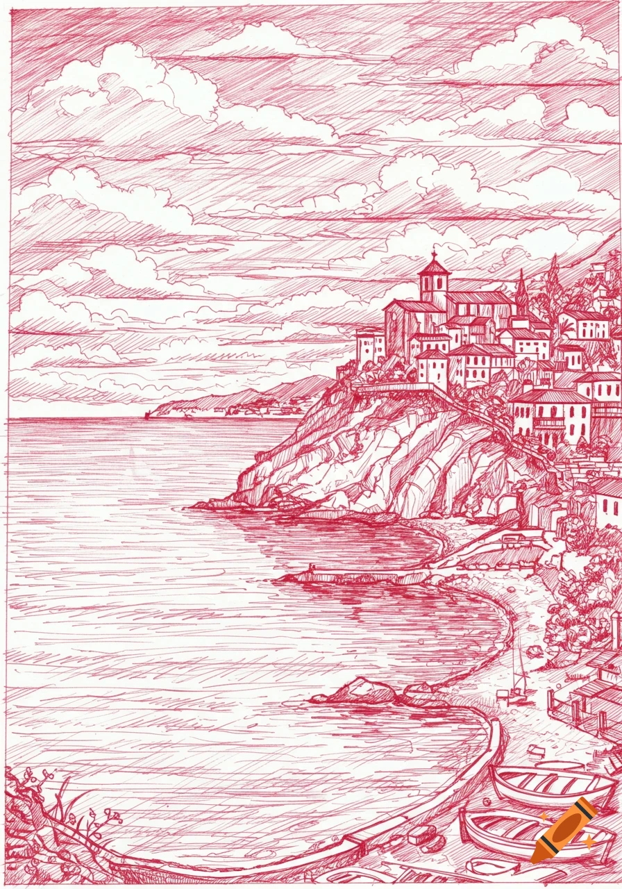 Red pen sketch of a picturesque coastal town built into a cliffside overlooking a bay with small boats on the beach.