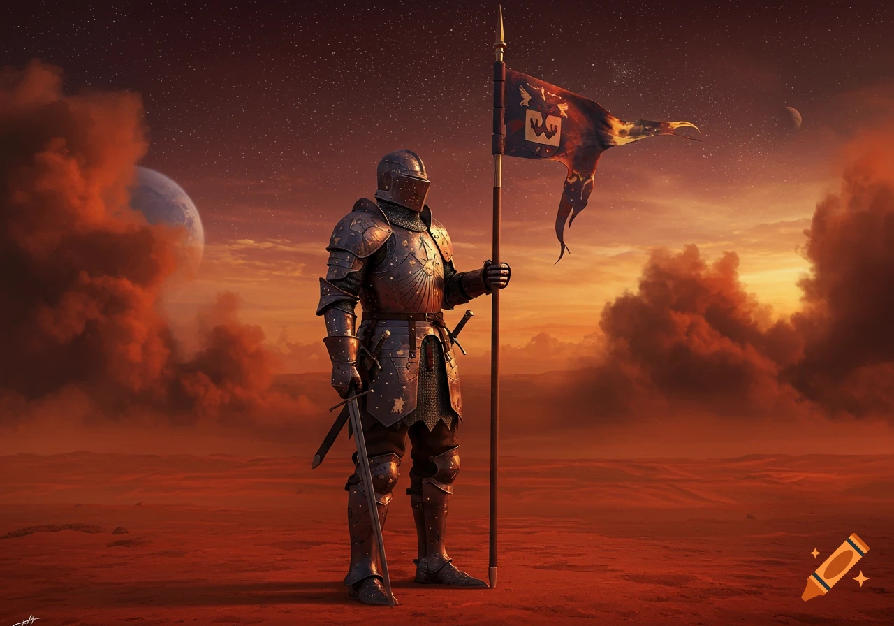 A heavily armored knight stands on a desolate red planet, holding a sword and a tattered flag with an indistinct emblem, under an orange, star-filled sky with planets.