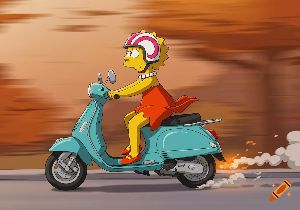 Cartoon of Lisa Simpson driving a cyan Vespa scooter, wearing a white helmet with a pink stripe and her signature red dress.