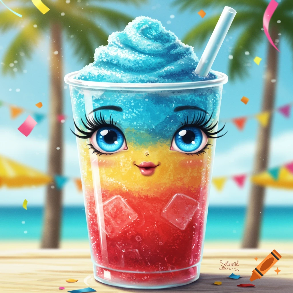 Cute cartoon slushy cup with blue, yellow, and red layers, blue eyes, and long lashes, on a beach with palm trees and confetti.