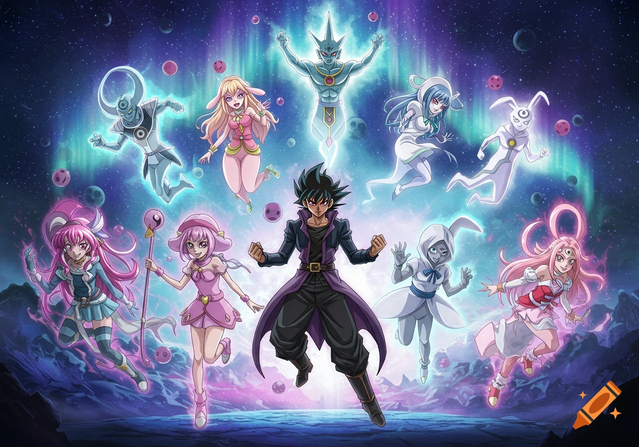 A group of diverse anime characters, including a dark-haired man and several floating, colorful figures, against a cosmic aurora background.