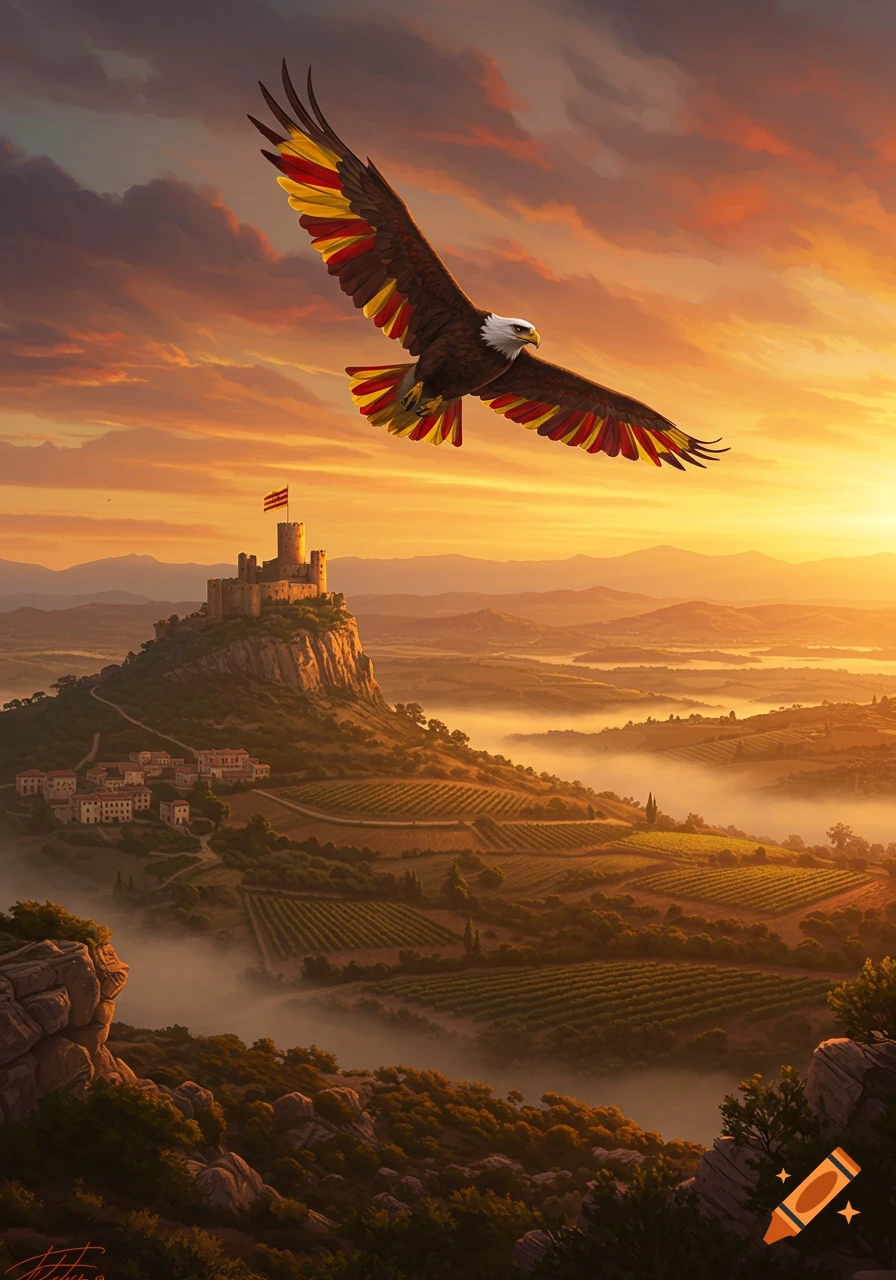 A majestic eagle with red and yellow wings soars over a sunlit castle perched on a hill, overlooking misty vineyards at sunrise.