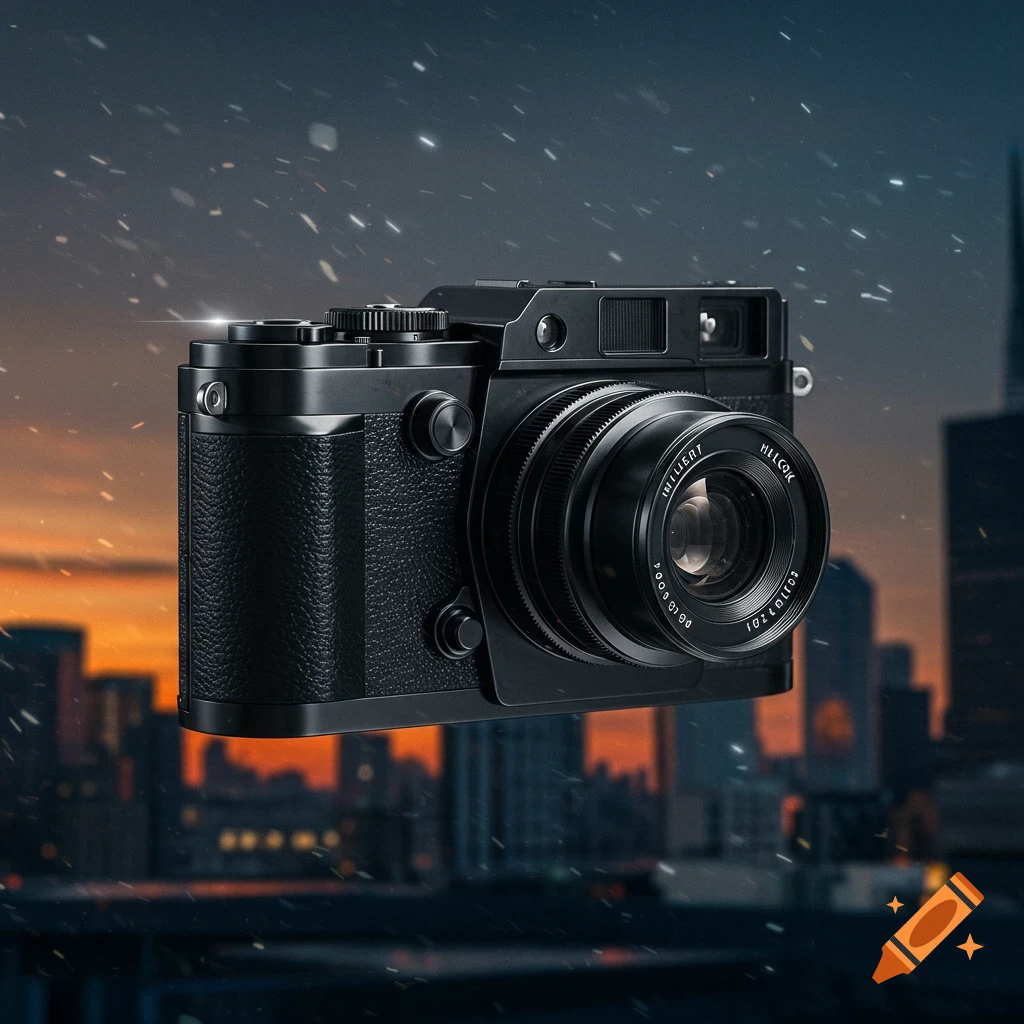 A black vintage-style camera floats against a blurry sunset cityscape with bokeh lights and falling particles.