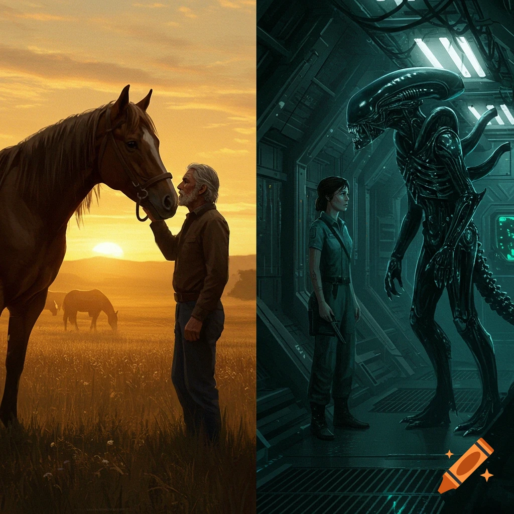 Split image: man with horse at sunset; woman facing alien in spaceship corridor.