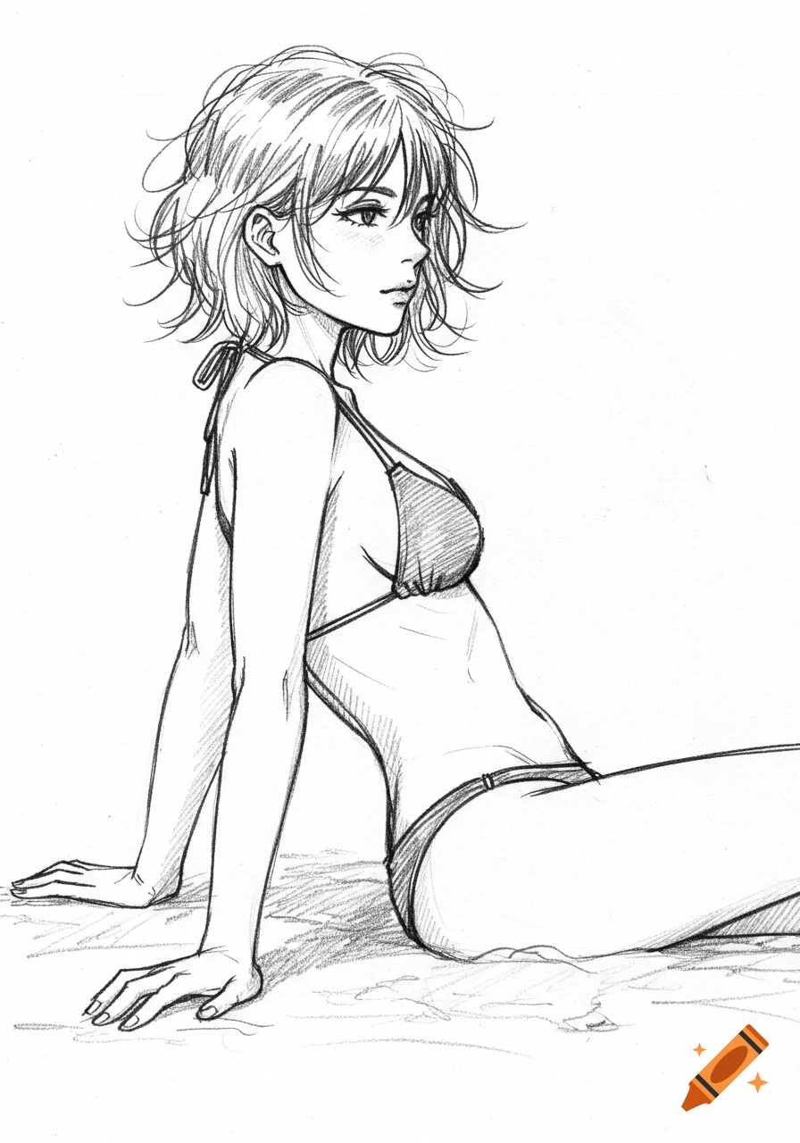 Pencil sketch of a short-haired woman in a bikini, lying on her side.
