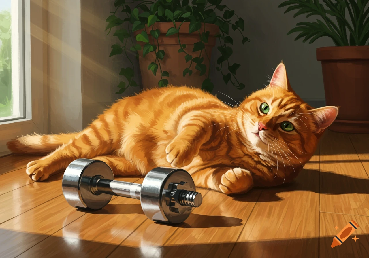 An orange tabby cat with green eyes relaxes on a wooden floor next to a silver dumbbell in a sunlit room.
