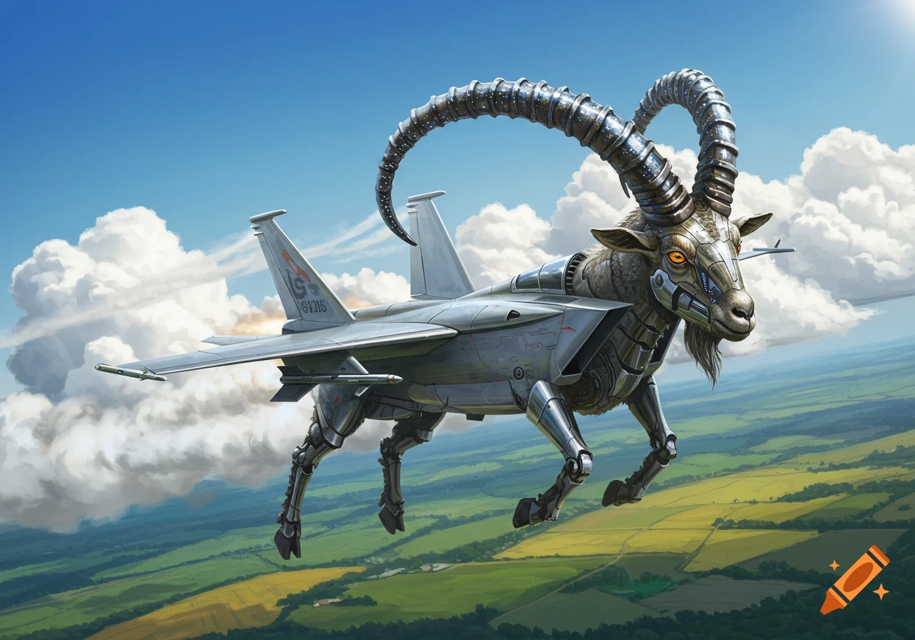 A detailed cyborg goat with fighter jet wings flies over a green landscape under a blue, cloudy sky.