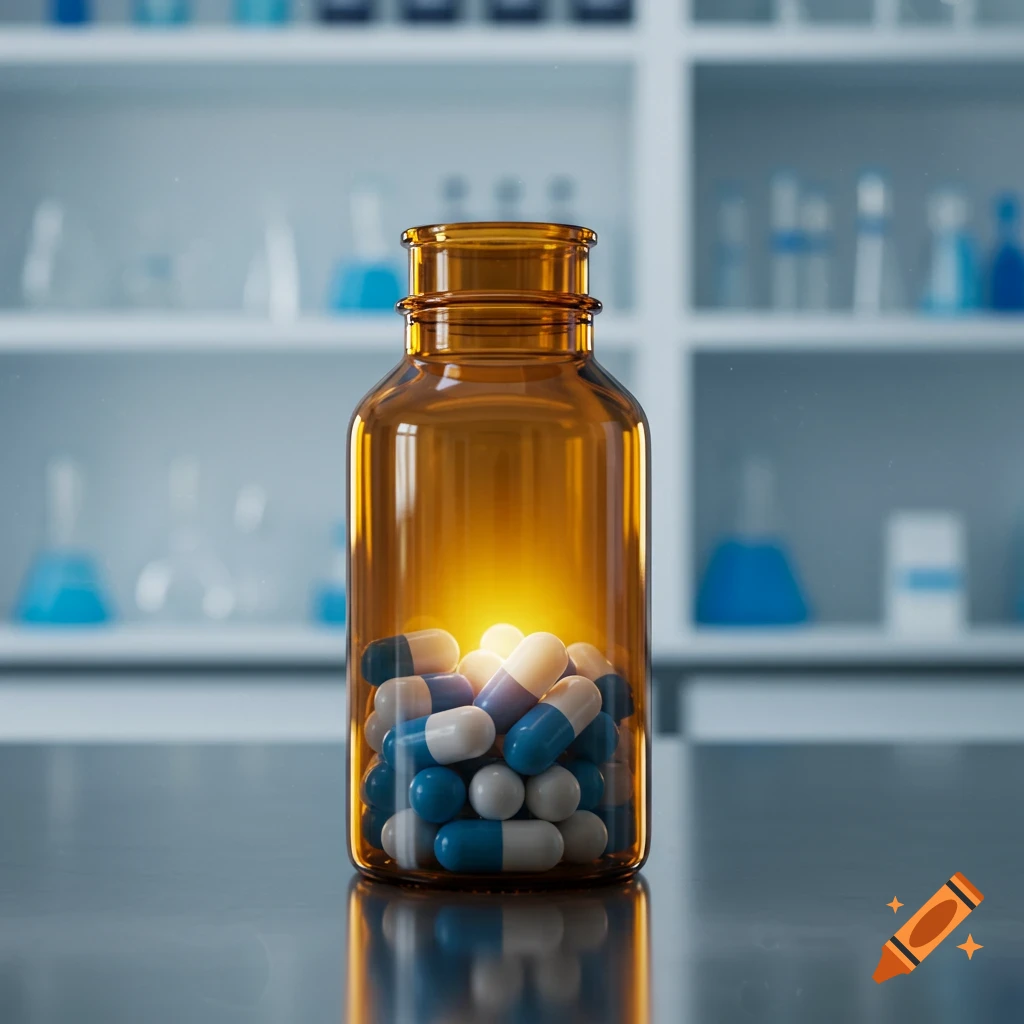 A photorealistic image of an amber bottle filled with glowing blue and white capsules, set in a blurred laboratory background.